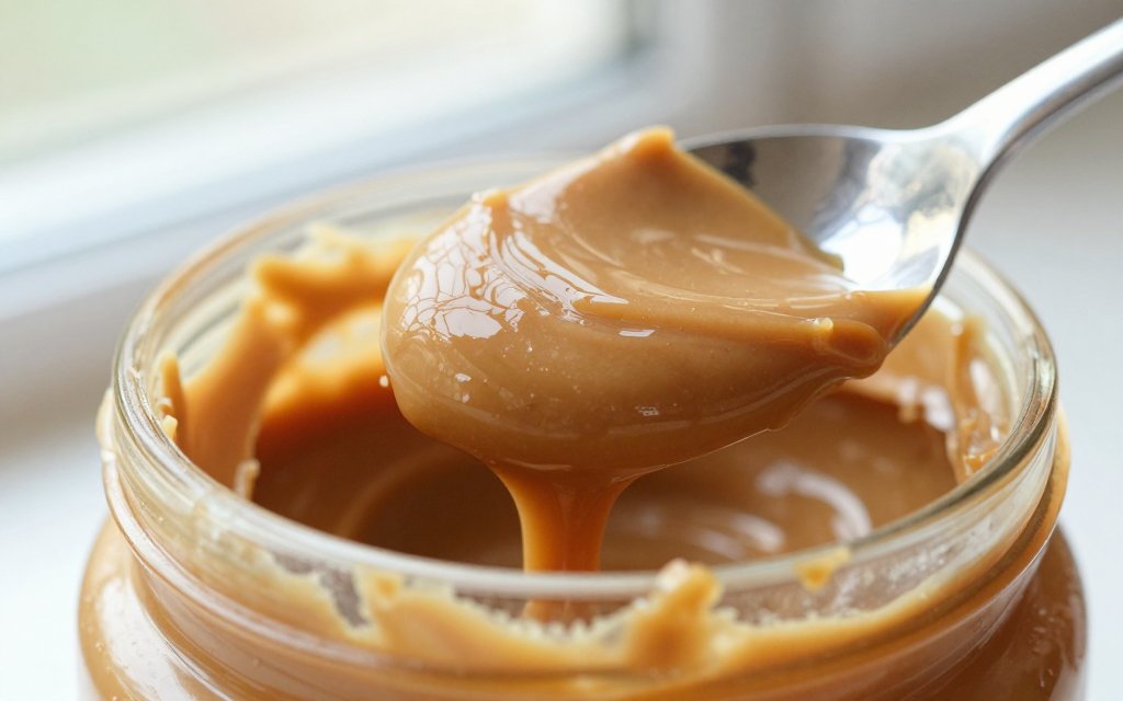 Macro close up of a single level tablespoon of smooth peanut butter, about 94 calories