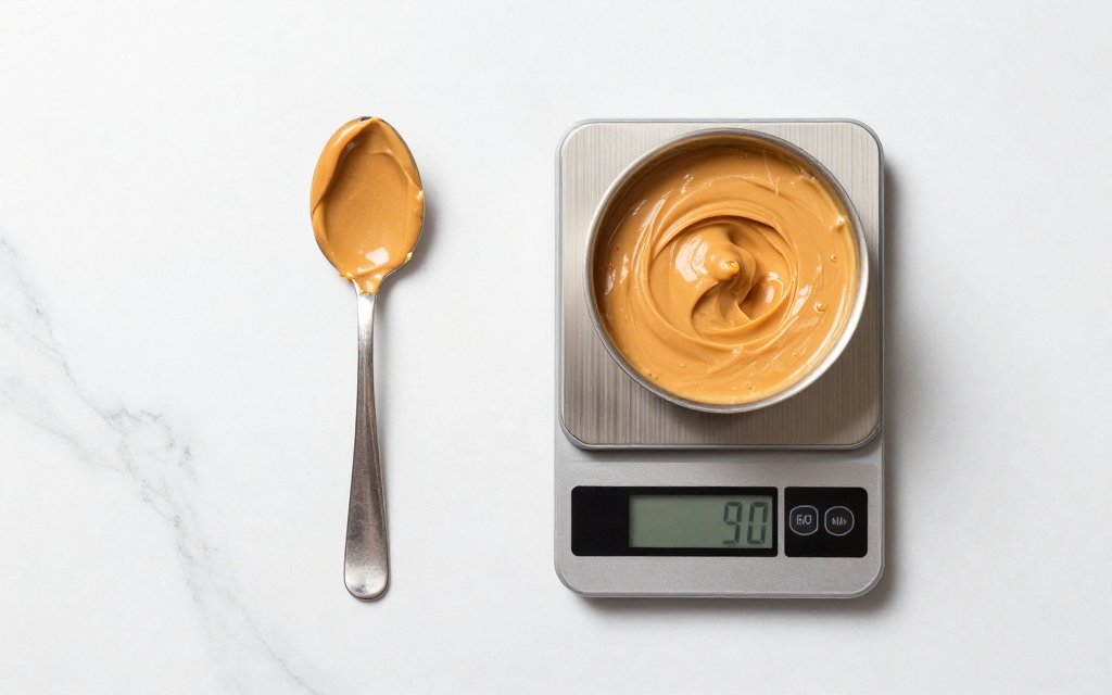 Top down view of a level spoon beside a heaping spoon of peanut butter, comparing calories by portion