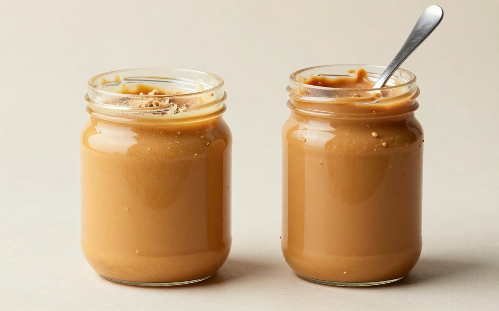 A jar of powdered peanut butter beside regular peanut butter, the lower calorie swap