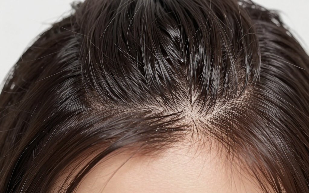 Macro close up of oily greasy hair roots showing shiny sebum along the scalp.