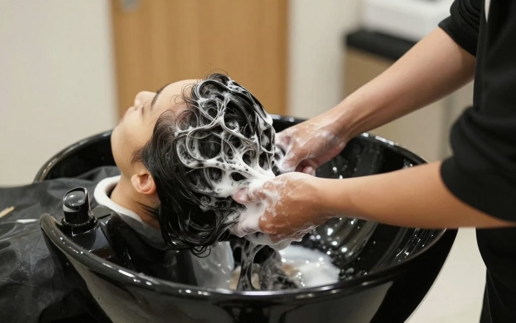 Stylist gently washing a client's wavy hair at a salon shampoo bowl.