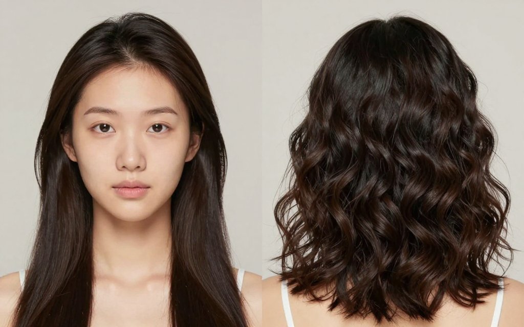 Before and after of flat greasy roots next to freshly washed voluminous hair.