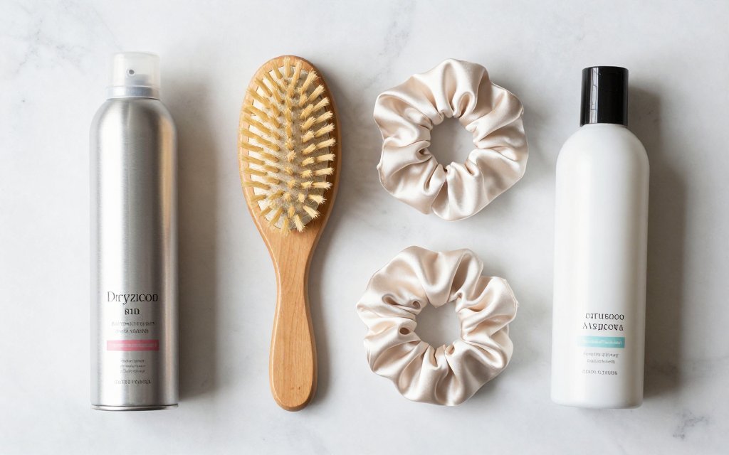 Top down flat lay of dry shampoo, a boar bristle brush and a silk scrunchie for oily hair.