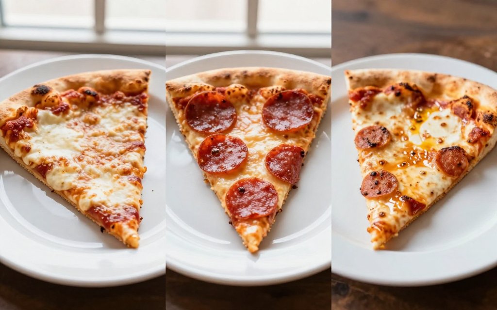 Three pizza slices compared by type showing the calories in a slice of pizza