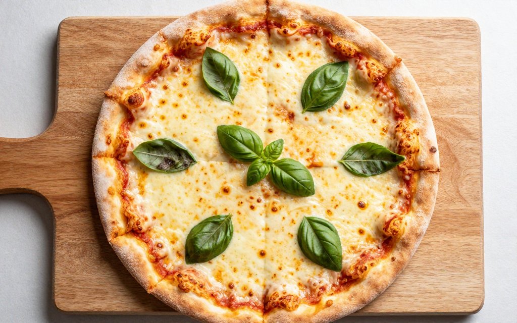 Top down thin crust cheese pizza that shows lower cheese pizza calories