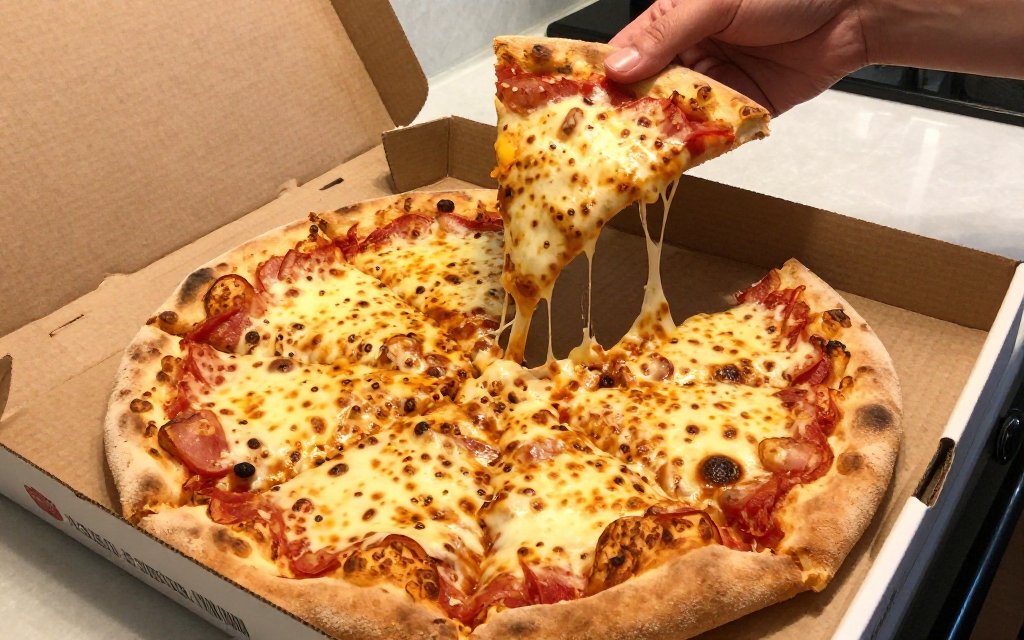 A hand taking one slice from a large pizza to count how many slices in a large pizza