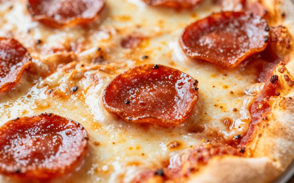Macro close up of a pepperoni slice showing the nutritional value of a slice of pizza