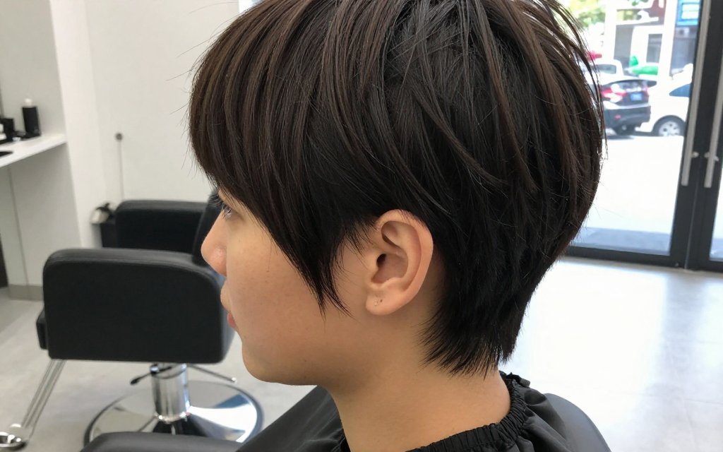 Side view of a grown out pixie at chin length during the grow out