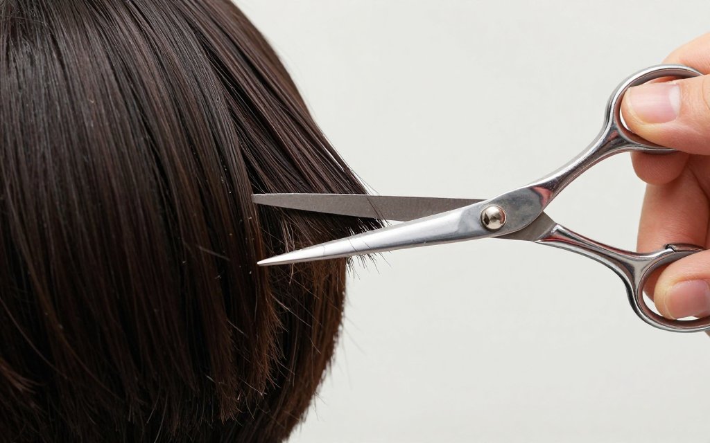 A stylist dusting the ends while growing out short hair