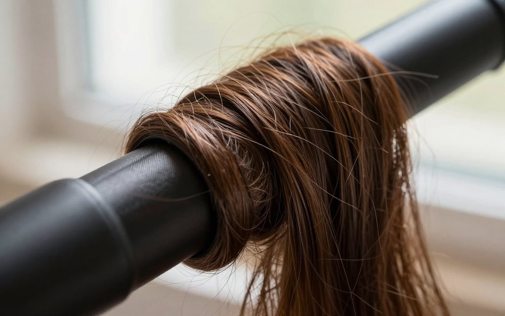 Close-up of hair wrapped on a rod, one of the easy heatless curl methods