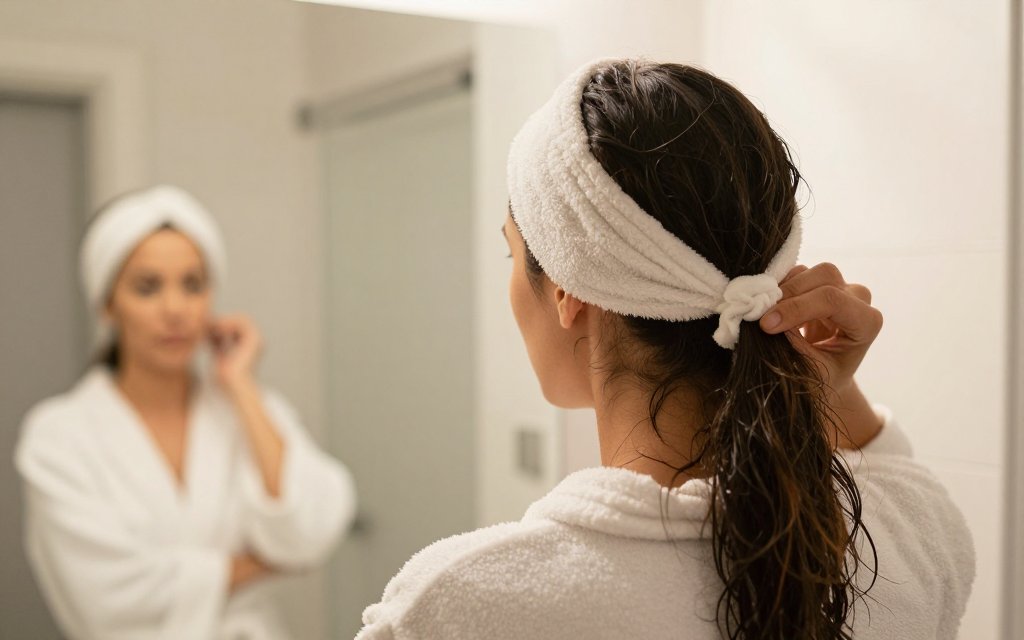 Woman setting overnight curls by wrapping damp hair around a robe tie
