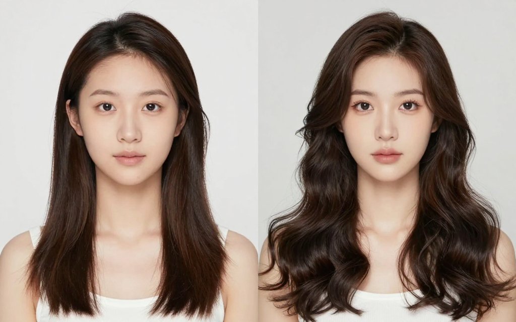 Before and after comparison of heatless curls on medium length hair