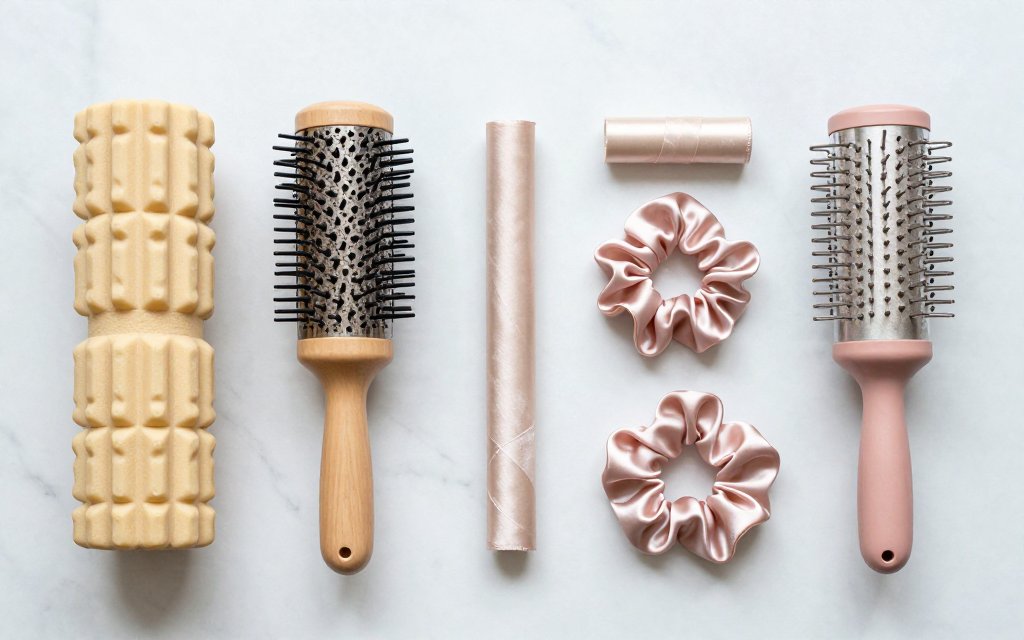 Flat lay of heatless rollers and no heat curl tools on a marble surface