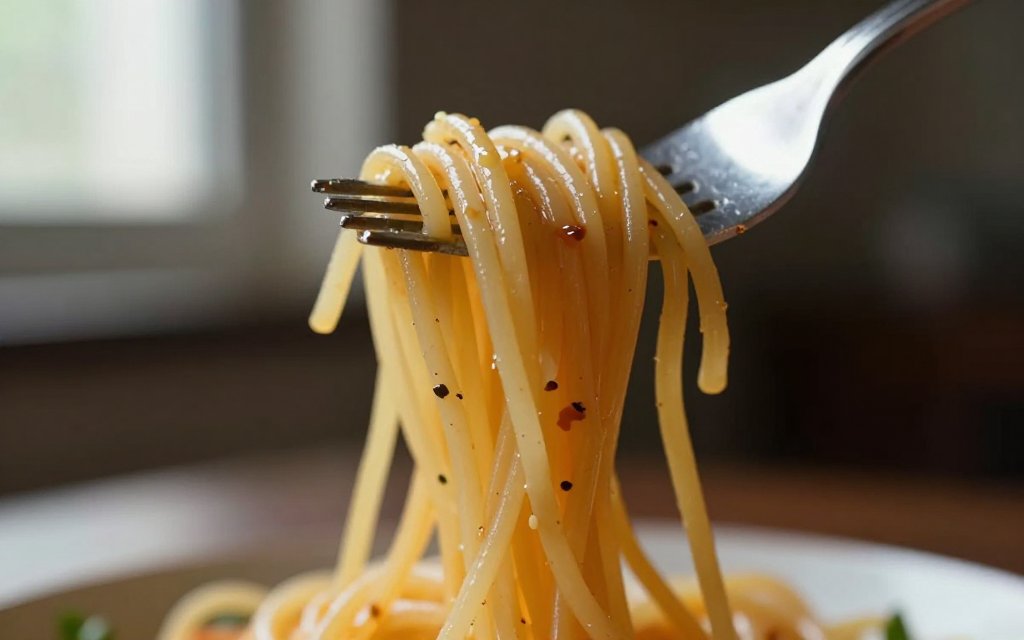 Macro close-up of twirled spaghetti showing where pasta calories come from