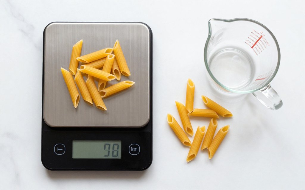 Top-down kitchen scale weighing dry pasta to count cooked pasta calories accurately
