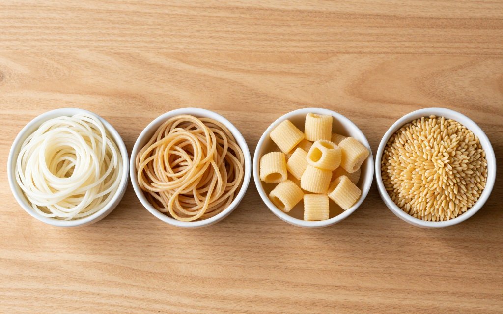 Four bowls comparing spaghetti, whole wheat pasta, gnocchi and orzo side by side
