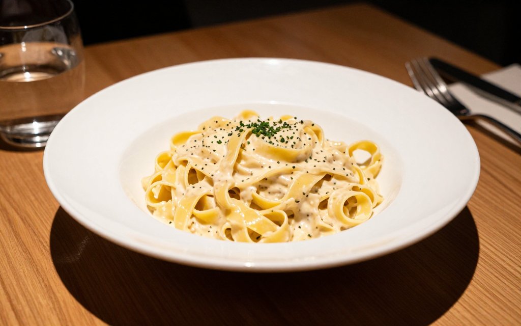 Large restaurant bowl of creamy pasta showing how portion size drives real pasta calories