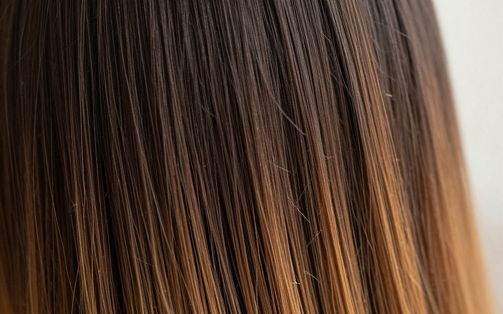 Macro close-up of brown balayage blending dark roots into caramel ends