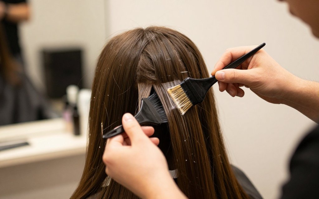 Colorist hand-painting balayage onto dark brown hair with no foils in a salon