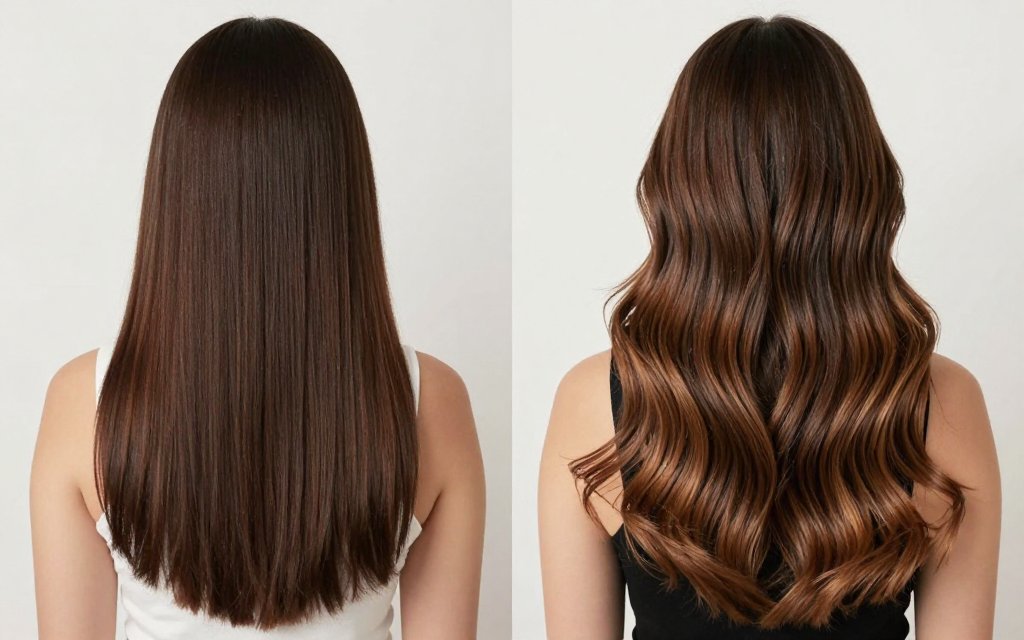 Before and after comparison of dark brown hair with brunette balayage added