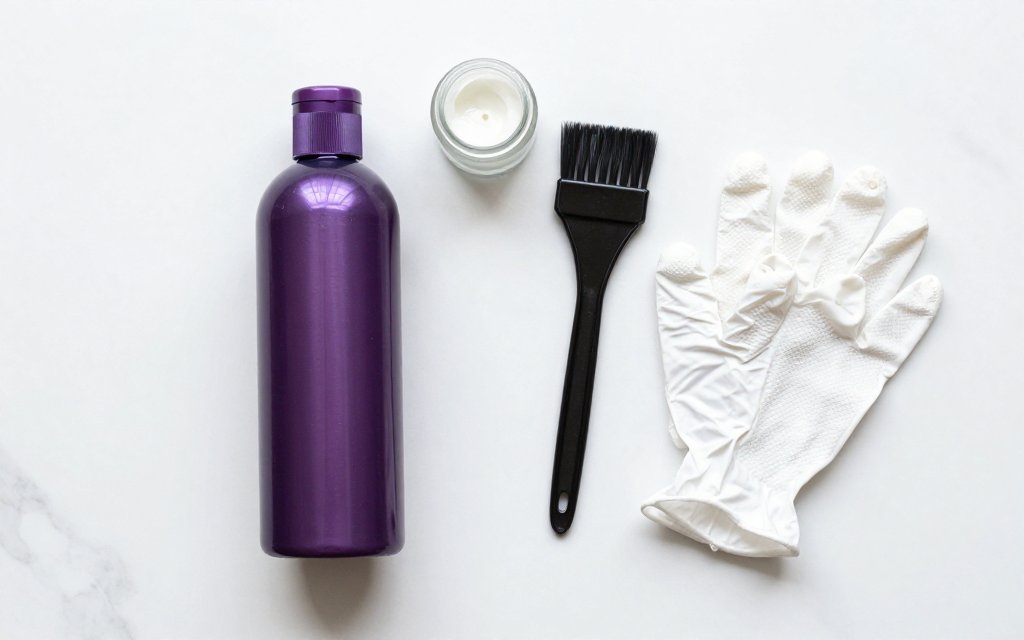 Flat lay of balayage upkeep tools including purple toning shampoo and a brush