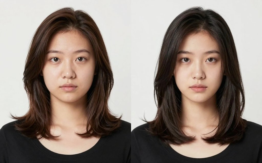 A layered lob shown on a round face and an oval face side by side.