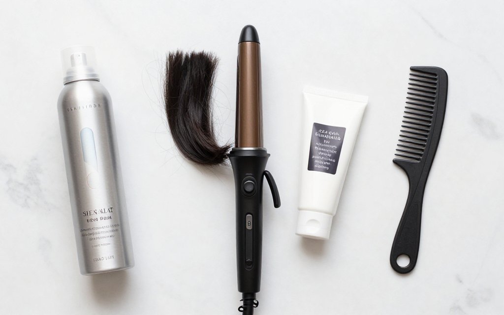 Flat lay of styling tools used to finish a wavy lob.