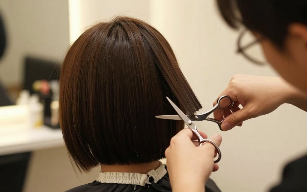 A stylist trimming the ends of a lob haircut in a salon.
