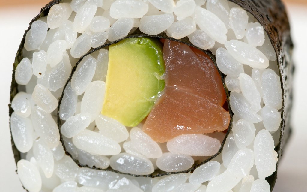 Macro view of a sushi roll cross section where rice makes up most of the sushi calories