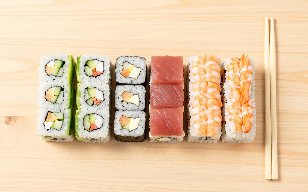 Different sushi rolls lined up to compare sushi roll calories from lean to heavy