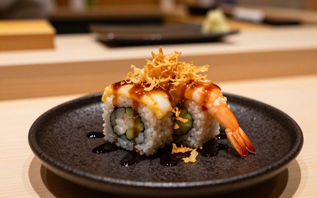 A sauced shrimp tempura roll on a plate, one of the highest calorie sushi choices