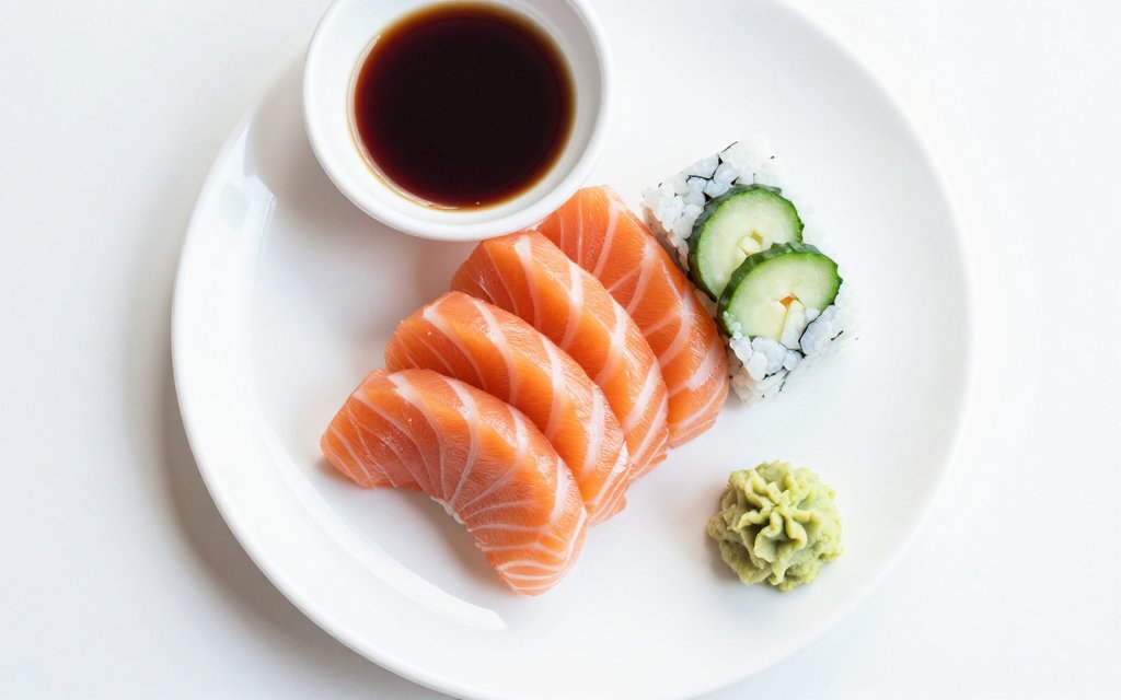 A lean plate of salmon sashimi and cucumber roll, an example of low calorie sushi