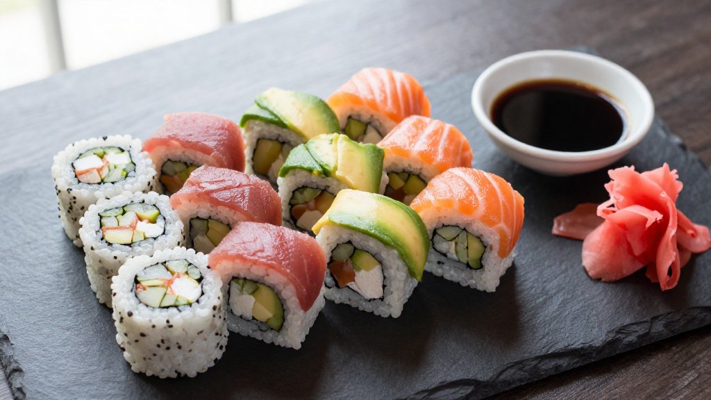 A board of assorted sushi rolls showing how sushi calories vary from light cucumber rolls to richer fried options
