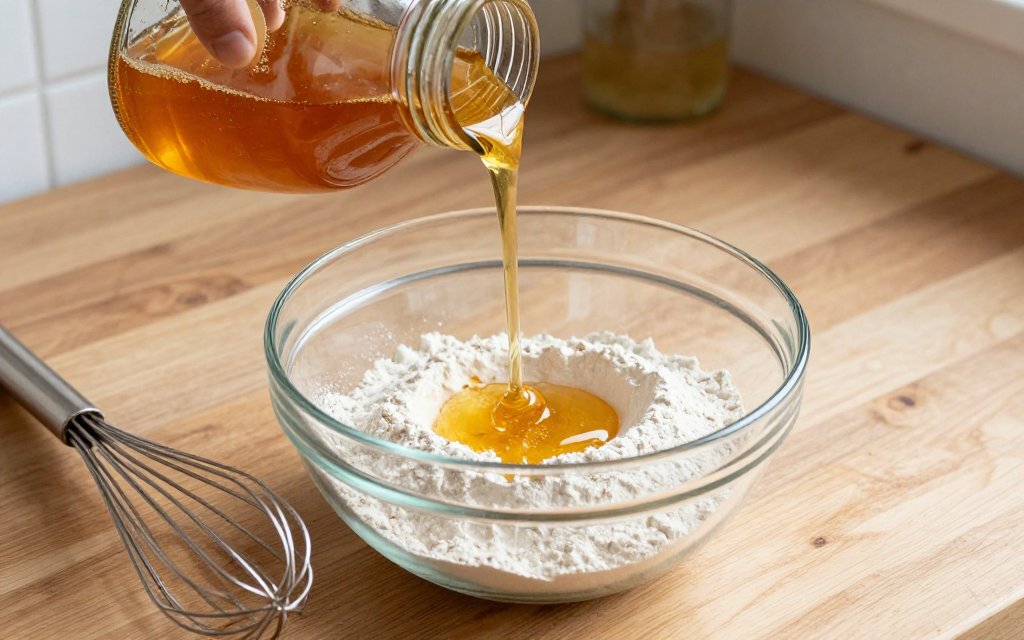 Honey poured into a bowl of flour, showing the honey to sugar ratio swap in baking