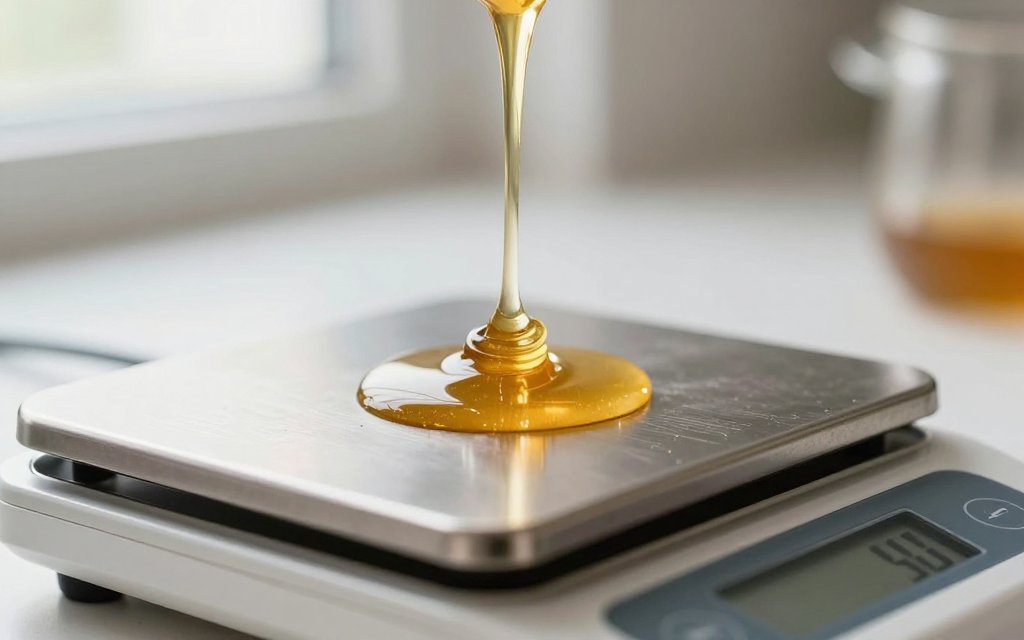 Macro of honey drizzling onto a digital scale to show how much a cup of honey weighs in grams