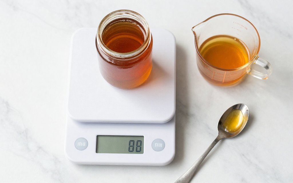 Top-down view of a honey jar on a kitchen scale, weighing honey in grams instead of by cup