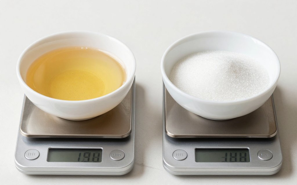 Honey and sugar side by side on two scales, comparing honey vs sugar by weight