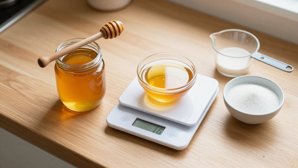 Jar of honey, wooden dipper, and a digital scale weighing honey next to sugar for baking