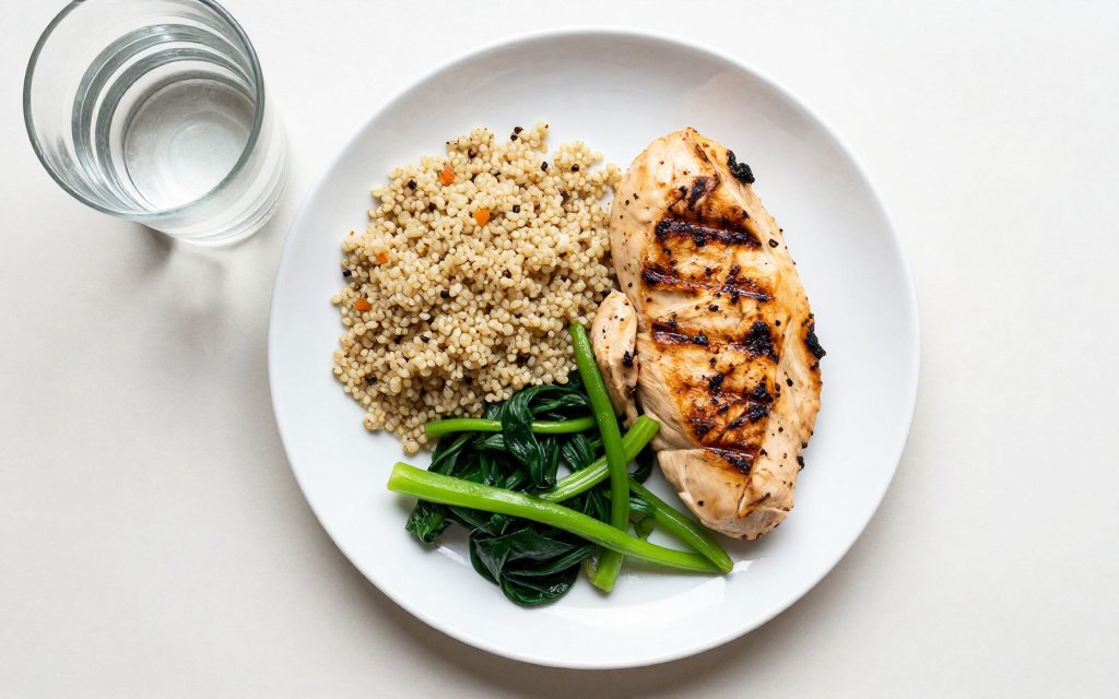 Overhead view of a balanced high protein meal that supports a fast metabolism