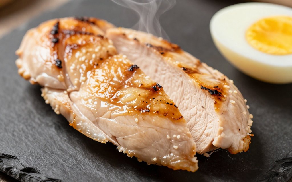 Macro close up of grilled chicken and egg, protein that raises the thermic effect of food