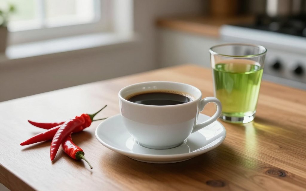 Black coffee, green tea, and red chili peppers, mild metabolism helpers on a table