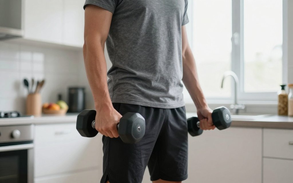 Person lifting dumbbells at home to build the muscle that speeds up metabolism