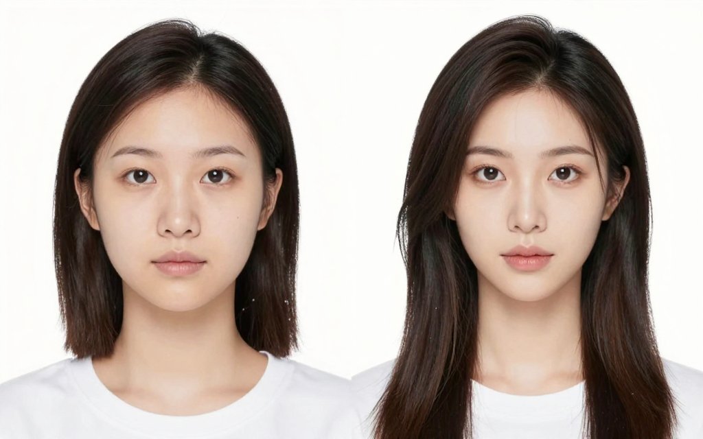 Before and after comparison of haircuts for round faces, a blunt bob beside long layers