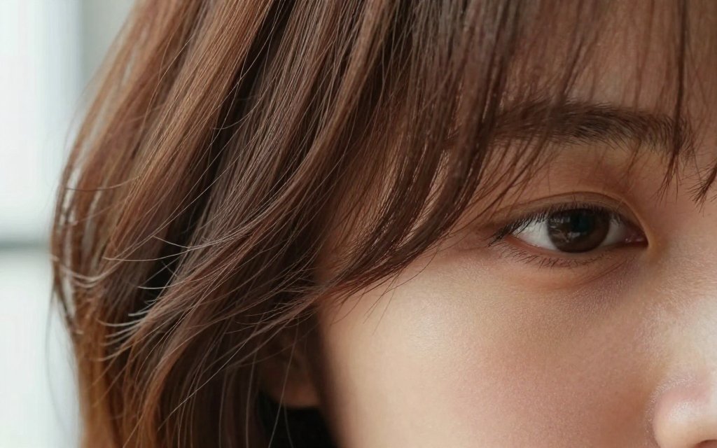 Close-up of soft face-framing layers grazing the cheekbone on wavy brown hair
