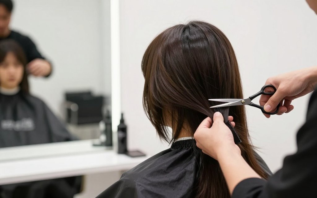 Stylist cutting long hairstyles for round face shapes in a bright salon