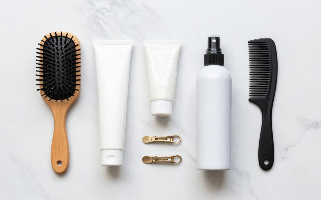 Flat lay of styling tools for adding crown volume to a round face haircut
