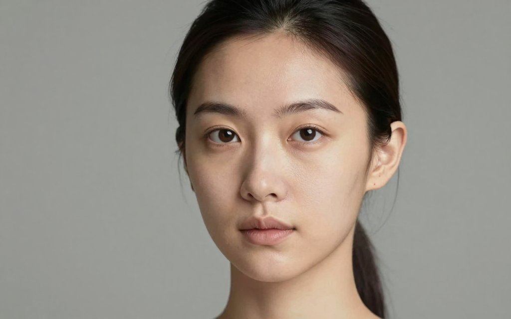Portrait showing the elongated proportions of a long face shape with hair pulled back