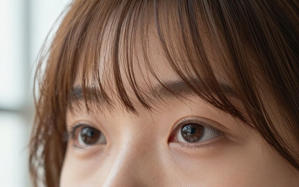 Close up of curtain bangs grazing the eyebrows, a top fix in hairstyles for long faces