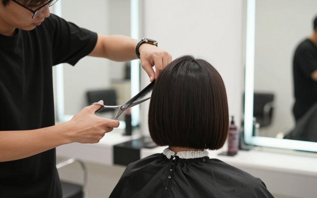 Stylist cutting a chin length bob, one of the best haircuts for long faces, in a bright salon