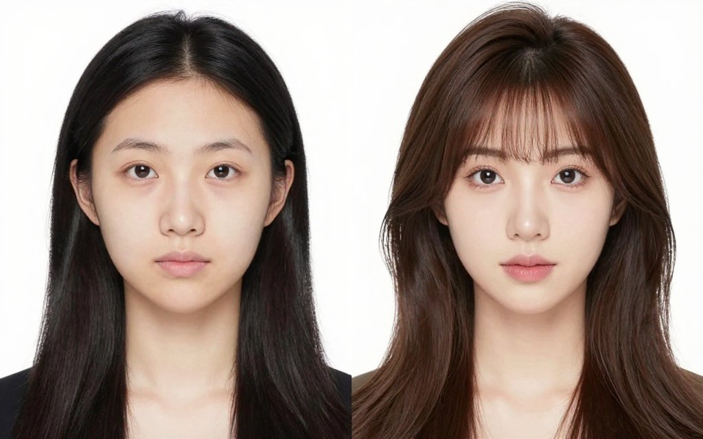 Before and after of flat long hair versus face framing layers that add width to a long face